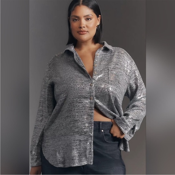 Pilcro Gray Sequin Oversized Button Down Shirt - Picture 1 of 8